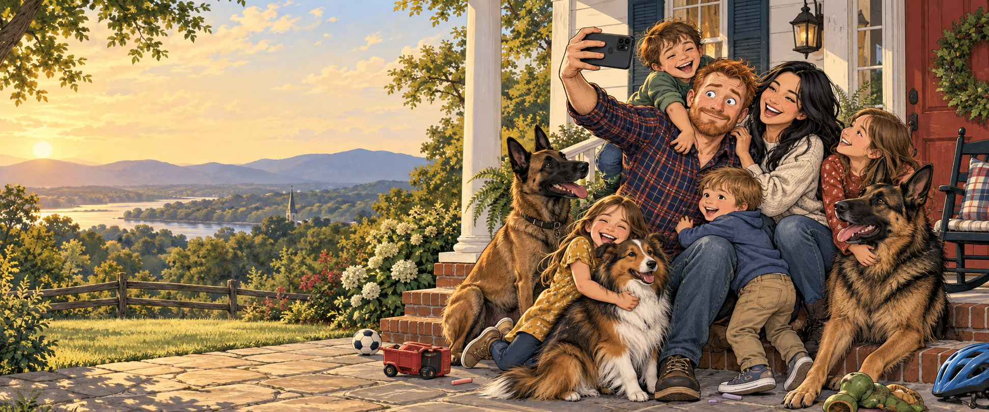 A warm comic-style family scene on a Virginia porch
